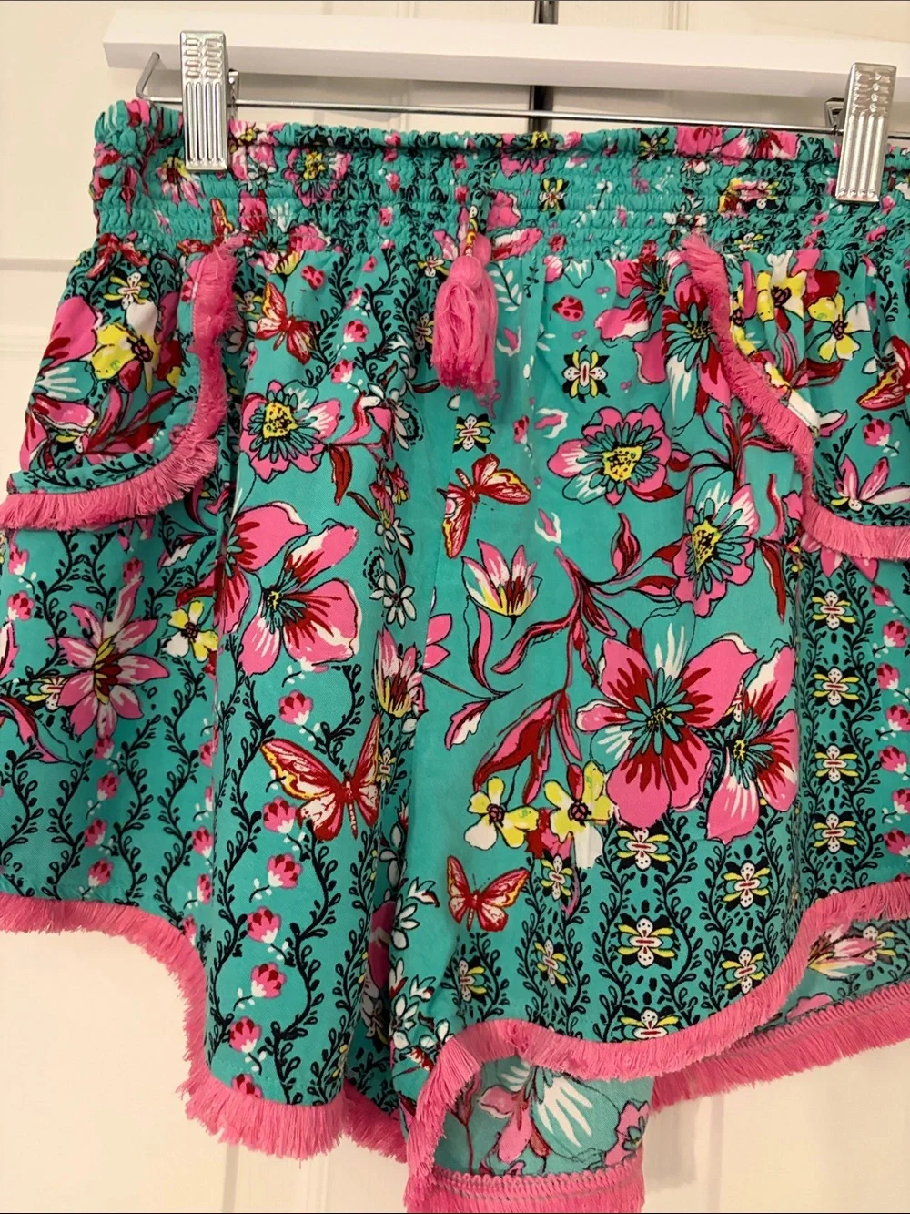 Lounge Shorts Turquoise with Pink Fringe Boho Japna Size Medium EUC